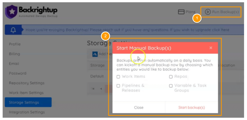 A pop-up that shows “Start Manual Backup(s).”