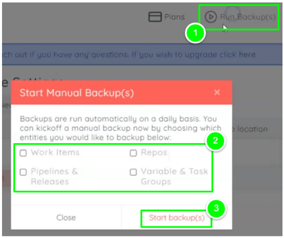 Green rectangles and numbers showing the steps for manual backups